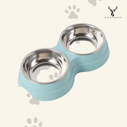 Haven Cat Stainless Steel Double Bowl, Non-Slip Hygienic Food and Water Dish Set for Cats