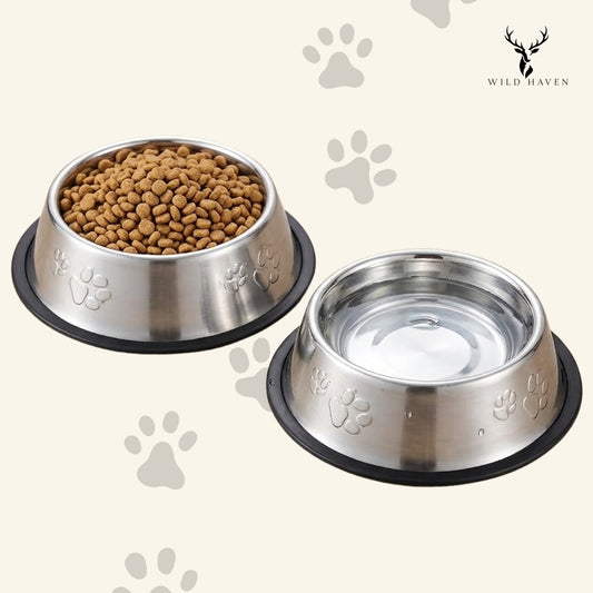 Haven Dog Stainless Steel Bowl Set, 2-Pack Non-Slip Food and Water Dishes for Small and Medium Dogs